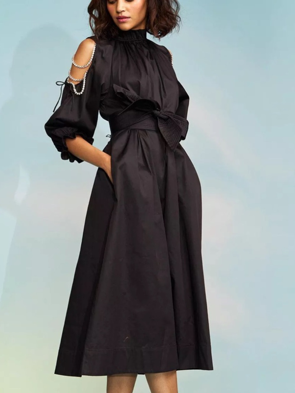 Cynthia Rowley Black Midi Dress with rhinestones Shoulders